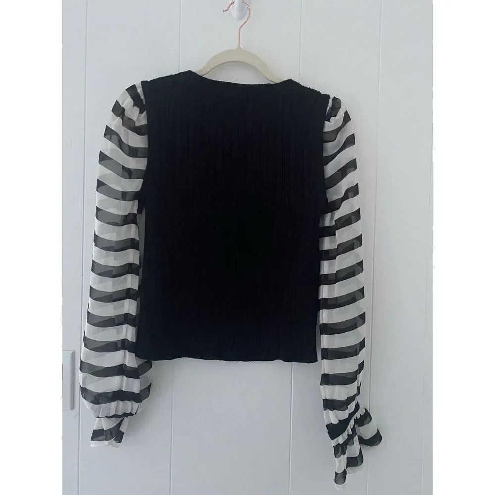 Anthropologie Maeve Small Cableknit Sweater Sheer Black & White Stripe Sleeves - Picture 3 of 7